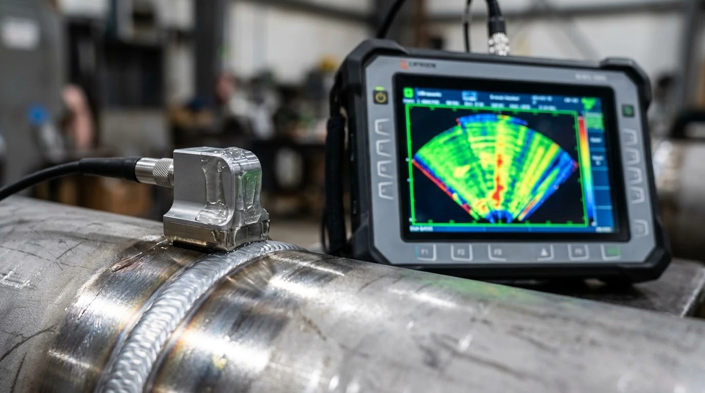 QTEK NDT inspector performing ultrasonic inspection on weld
